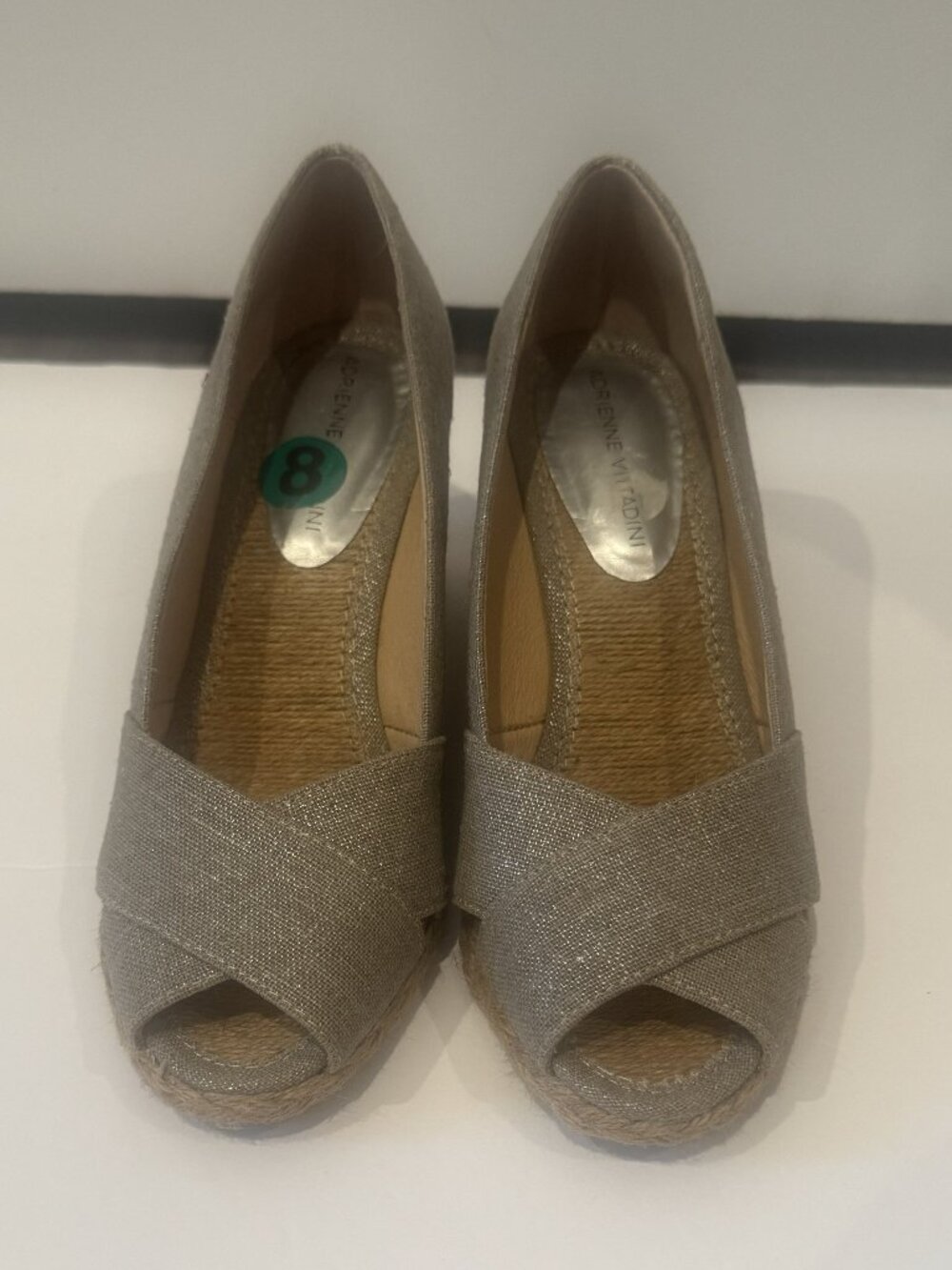 Adrienne Vittadini Bailee Silver Metallic Linen Espadrille Wedge Sandals Size 8
